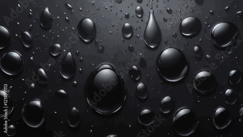 Rendered texture of many water droplets on black glass surface. Background for banner, background or texture for 3D mapping