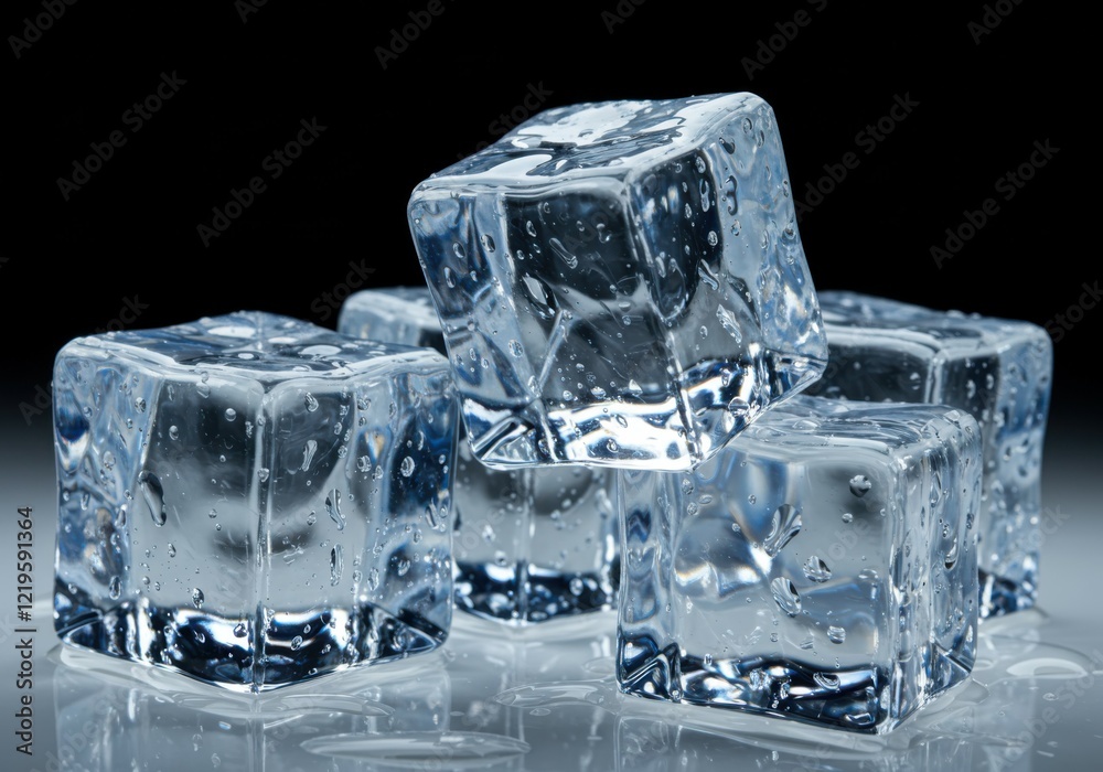 Ice cubes, transparent, cold, melting, reflective surface, blue tint, macro photography, high detail, studio lighting, minimalist composition, water droplets, frosted texture, sharp focus, clean backg Ice cubes, transparent, cold, melting, reflective surface, blue tint, macro photography, high detail, studio lighting, minimalist composition, water droplets, frosted texture, sharp focus, clean backg
