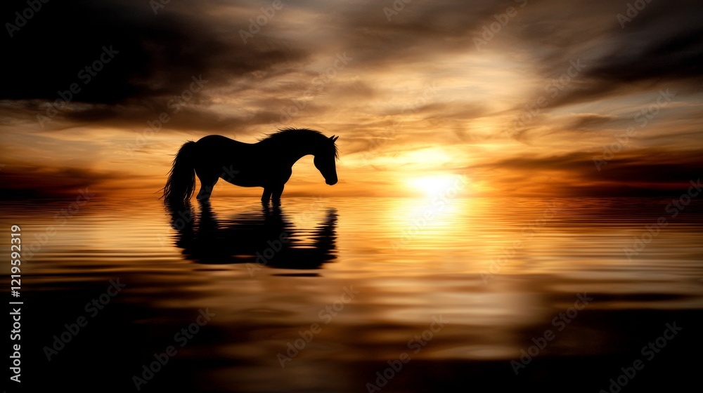 A horse standing in the water at sunset A horse standing in the water at sunset