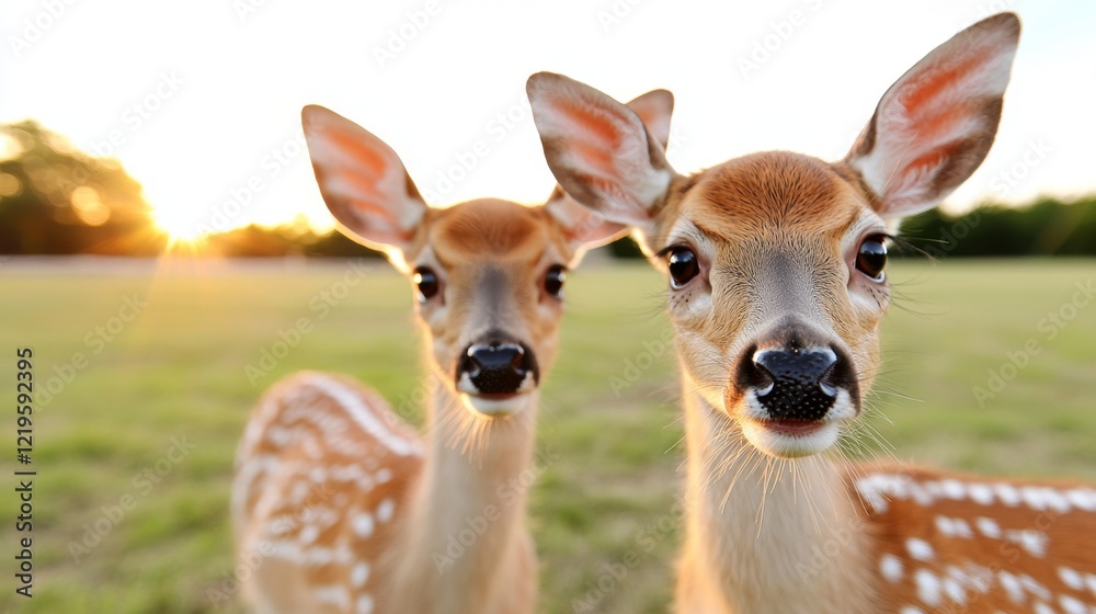 Fototapeta premium A couple of deer standing next to each other in a field