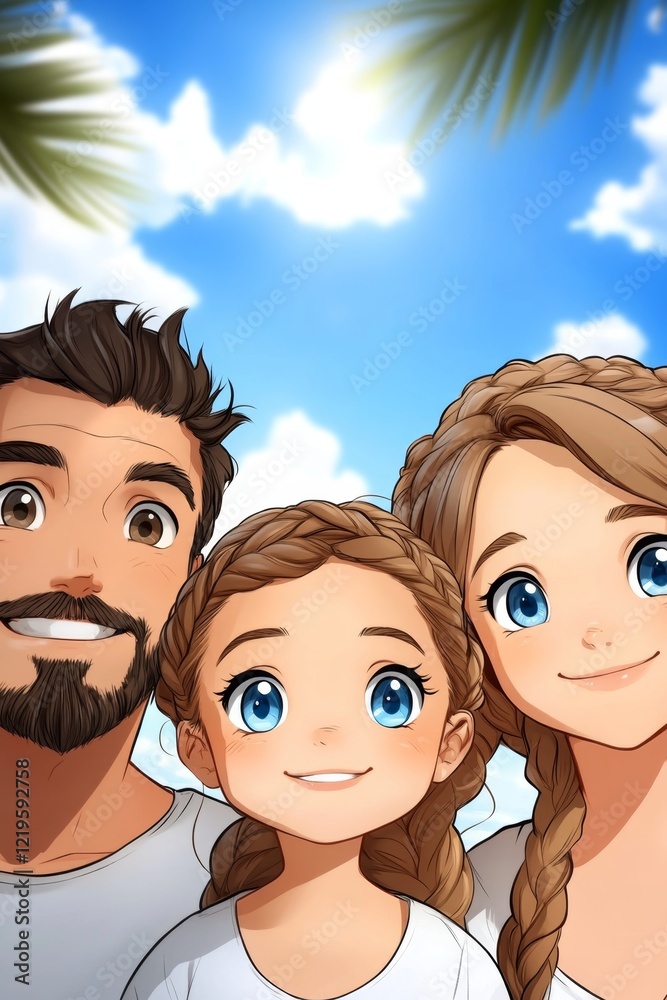 a happy family of three - a man, a woman and a girl - standing in front of a palm tree with a bright blue sky and fluffy white clouds in the background The image i a happy family of three - a man, a woman and a girl - standing in front of a palm tree with a bright blue sky and fluffy white clouds in the background The image i