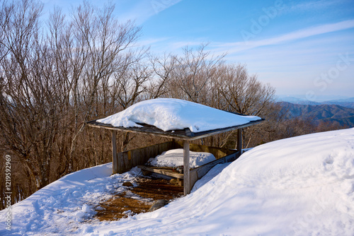 長老ヶ岳山頂の東屋, a gazebo in the snowy mountains photo