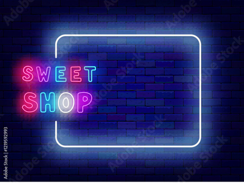 Sweet shop neon invitation. Bakery market. Candy bar store. Light greeting card. Vector stock illustration