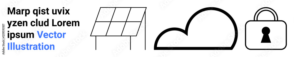 Solar panel icon, stylized cloud, and padlock icon represent themes of renewable energy, cloud computing, and cybersecurity. Ideal for technology, sustainability, data protection, renewable energy Solar panel icon, stylized cloud, and padlock icon represent themes of renewable energy, cloud computing, and cybersecurity. Ideal for technology, sustainability, data protection, renewable energy