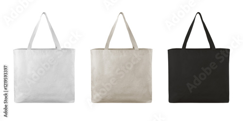 Tote bag canvas eco friendly bag square, mockup canvas white beige black colors on isolated white background.