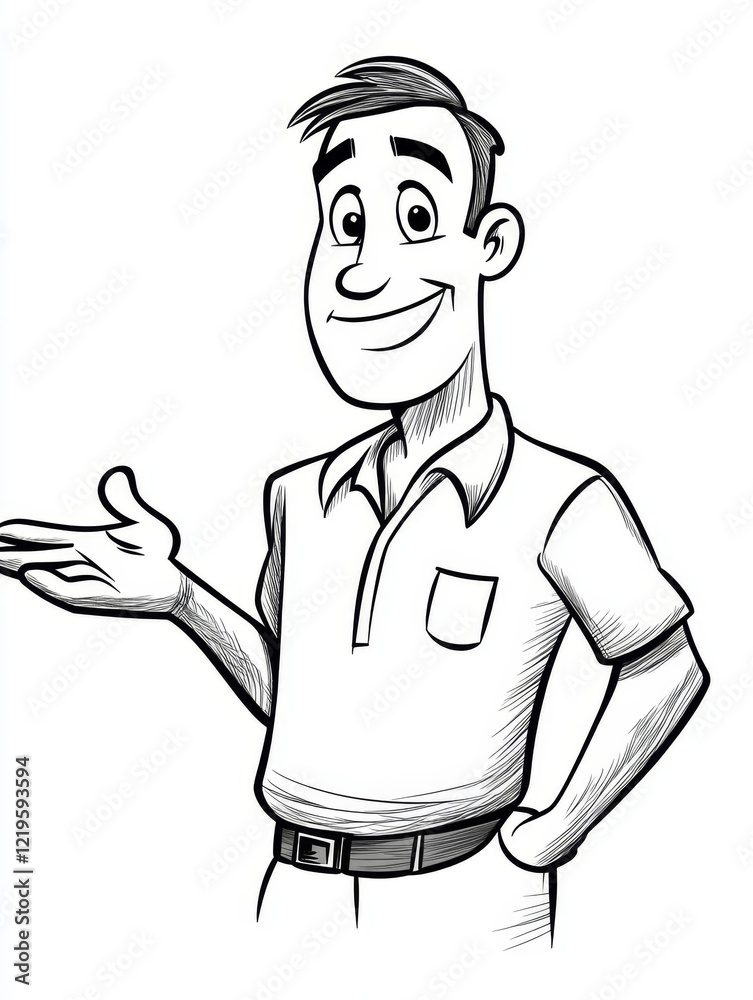  a black and white sketch of a man with his arms outstretched, set against a white background He is wearing a shirt and trousers, and has a friendly expression on h