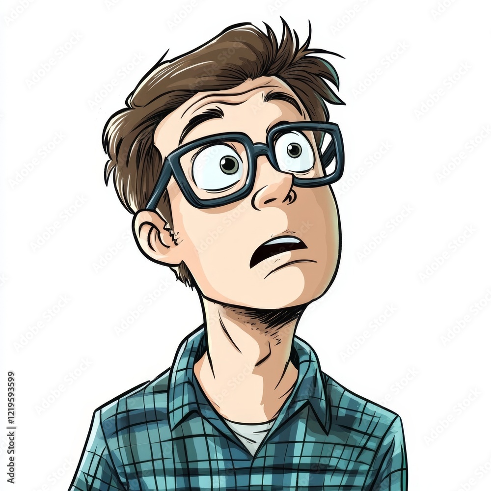 a man wearing glasses and a plaid shirt with a surprised look on his face against a white background a man wearing glasses and a plaid shirt with a surprised look on his face against a white background