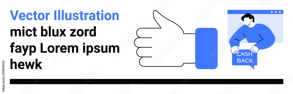 Thumbs up hand icon, text blocks, and person holding Cash Back sign. Ideal for business promotions, financial services, e-commerce, customer rewards, marketing, sales, and web pages. Landing page Thumbs up hand icon, text blocks, and person holding Cash Back sign. Ideal for business promotions, financial services, e-commerce, customer rewards, marketing, sales, and web pages. Landing page