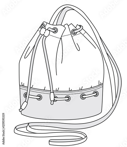 cylinder drawstring crossbody bag flat sketch vector illustration technical cad drawing template