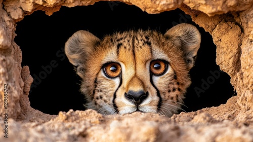  a cheetah peeking out of a hole in the ground, its fur a mix of brown and black Its eyes are wide and alert, and its ears are perked up, giving it an inquisitive a photo