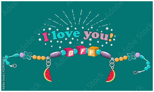 Multicolored handmade girly beads and the inscription on top - I Love You. Card, flyer or other. Version 2. Vector illustration