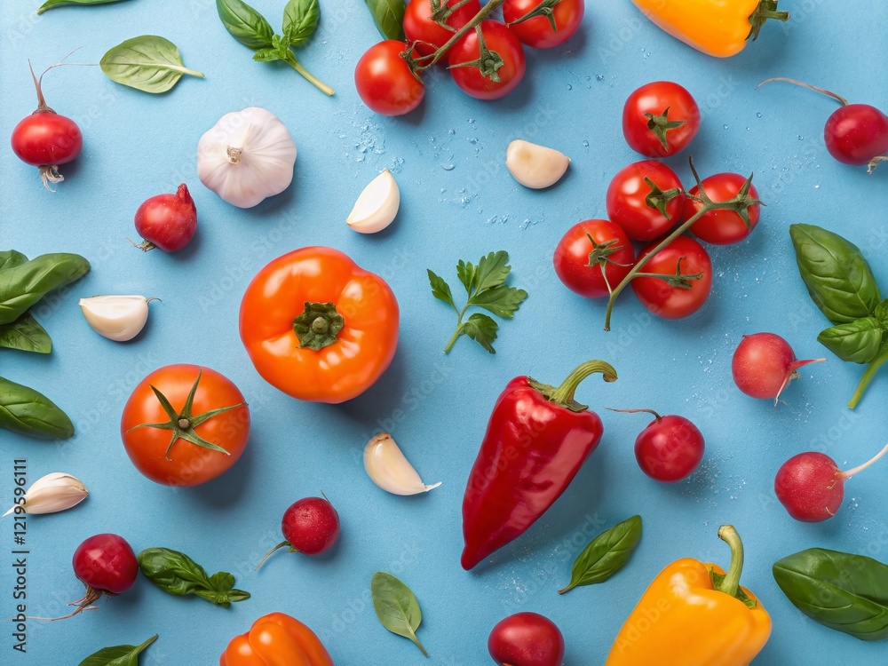 Vibrant Summer Vegetables: Tomatoes, Peppers, Garlic, Radishes & Basil Overhead Shot Vibrant Summer Vegetables: Tomatoes, Peppers, Garlic, Radishes & Basil Overhead Shot
