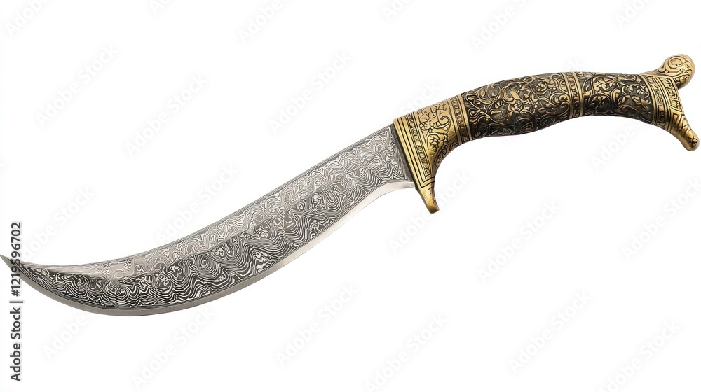 Ornate curved dagger, studio shot, white background, historical artifact (1) Ornate curved dagger, studio shot, white background, historical artifact (1)