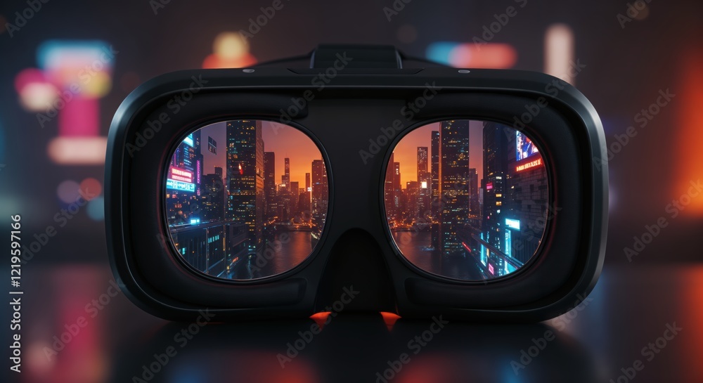Virtual reality headset displaying futuristic cityscape at sunset with neon lights