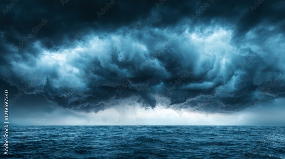 Obraz premium a large stormy sky over the ocean, with dark clouds looming over the horizon and the vast expanse of the sea below