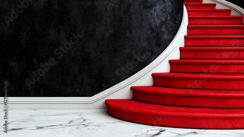  a red carpeted staircase with a black wall in the background The carpet is a vibrant red color and the wall is a deep black, creating a striking contrast The stai photo