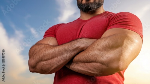  a man with a beard wearing a red t-shirt, standing with his arms crossed against a backdrop of a clear blue sky