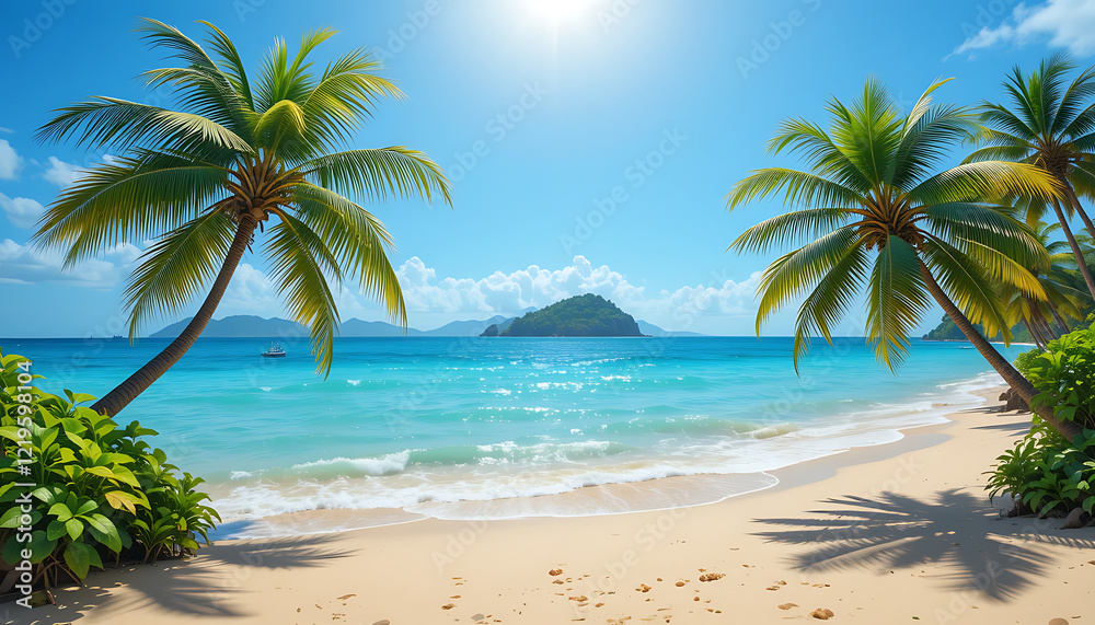 Idyllic Tropical Beach with Lush Palm Trees and Turquoise Waters – Perfect Paradise Getaway Idyllic Tropical Beach with Lush Palm Trees and Turquoise Waters – Perfect Paradise Getaway