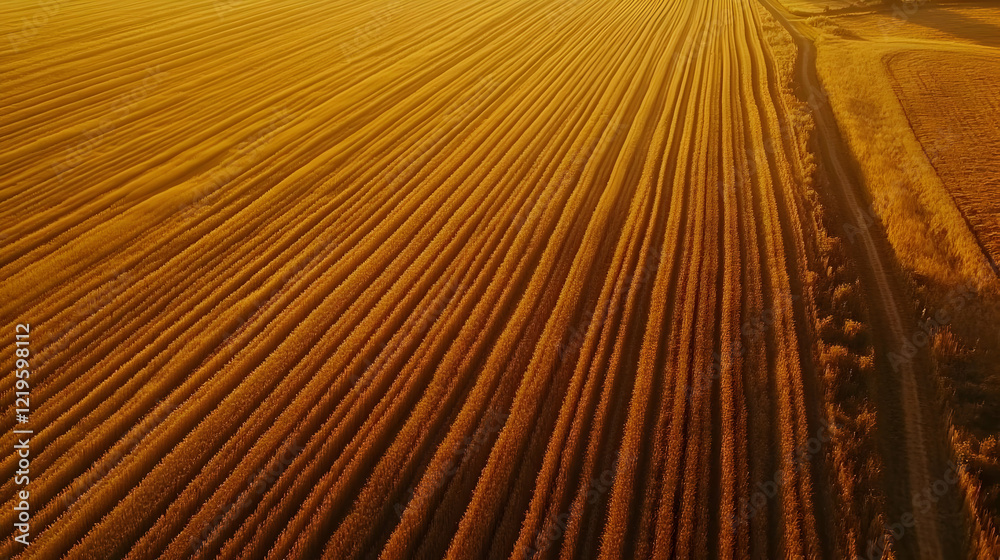 Obraz premium Golden Wheat Field at Sunset: An Aerial View of Serene Farmland