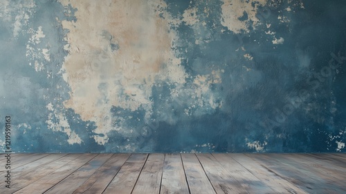 Rustic Blue Wall with Wooden Floor