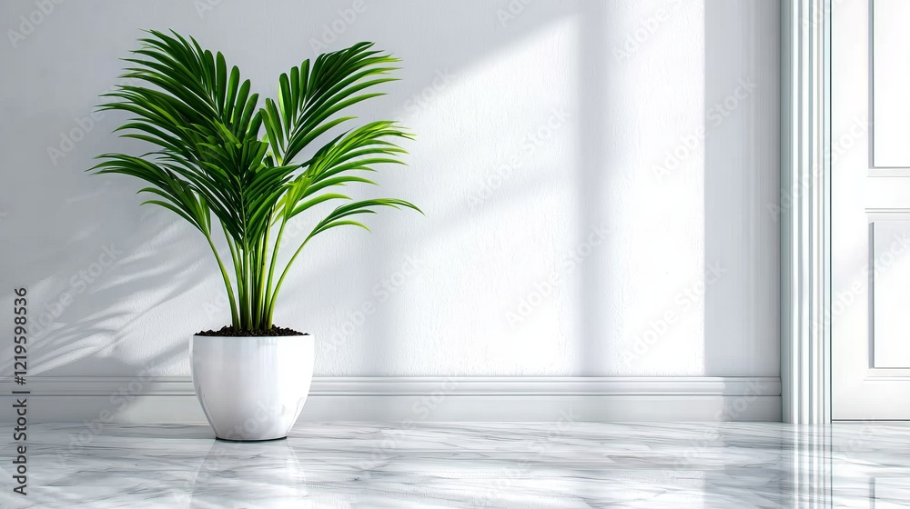Fototapeta premium a potted plant sitting on top of a marble floor in front of a white wall, with a door on the right side The plant appears to be a houseplant, with lush green leave
