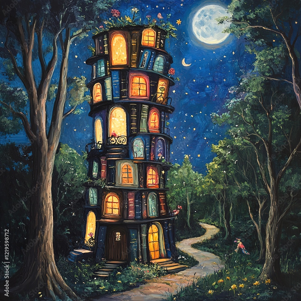 Obraz premium A tall, slender, library-like building made of books and windows with lights inside stands in the middle of an enchanted forest at night.