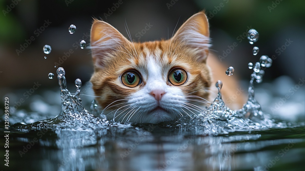 A Turkish Van cat swimming playfully in a shallow pond A Turkish Van cat swimming playfully in a shallow pond