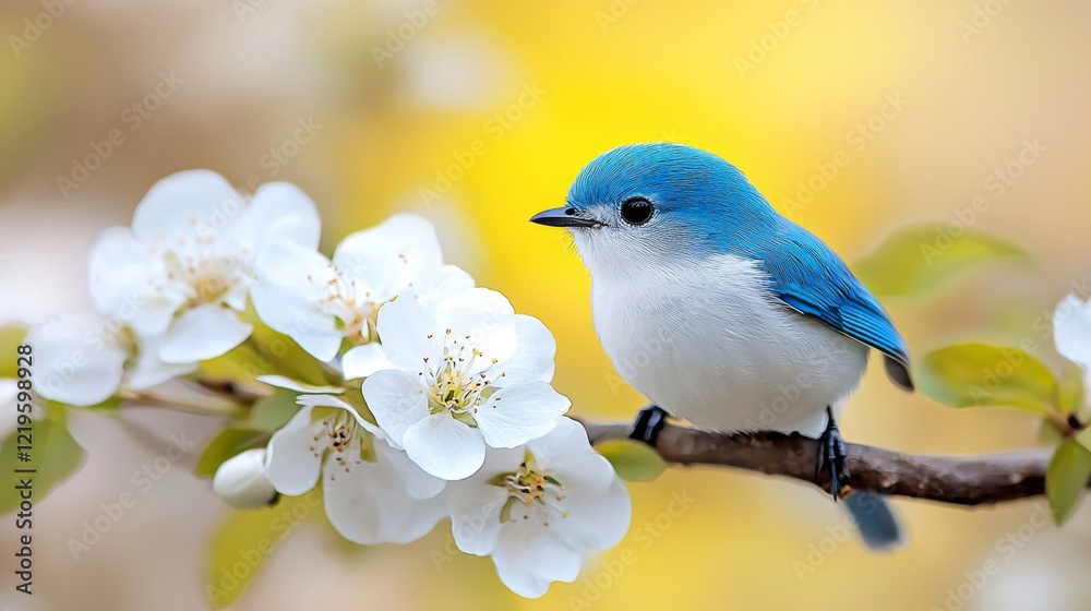 Fototapeta premium a blue and white bird perched atop a tree branch surrounded by white flowers and lush green leaves The background is slightly blurred, giving the bird a sense of f