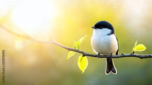  a black-capped chickadee perched atop a tree branch, surrounded by lush green leaves The background is slightly blurred, giving the bird a sense of focus and promi photo