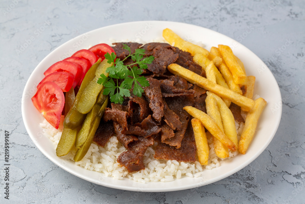 Meat doner menu, iskender menu on plate, turkish special meat doner, food, special menu (Turkish name; pilav üstü et doner)