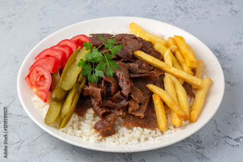 Obraz na płótnie Meat doner menu, iskender menu on plate, turkish special meat doner, food, special menu (Turkish name; pilav üstü et doner) w salonie
