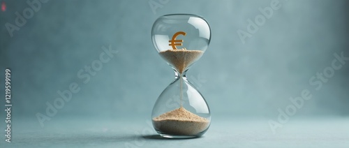 Elegant hourglass against a subtle backdrop, symbolizing the passage of time and financial concepts through the Euro symbol. The image evokes notions of economy, investment, and the transient nature