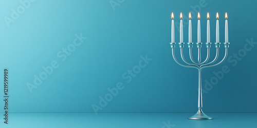 Silver menorah with lit candles against a teal background.  A symbol of light and celebration. photo