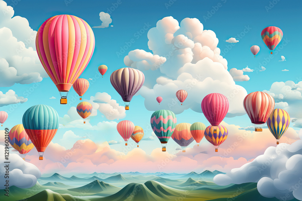 Obraz premium A flight of a large number of hot air balloons aerostats over the mountains, illustration of hot air balloons.