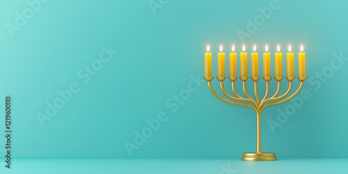 Nine lit candles illuminate a golden menorah against a teal background.  A symbol of light and hope, perfect for festive celebrations.