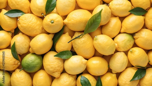 A close-up view of many lemons. The lemons are various sizes, and are a bright, vibrant yellow color. Green leaves are scattered among the lemons. The lemons fill the entire image, creating a textured