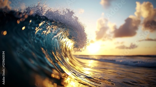  a large wave breaking in the ocean at sunset, with the sky in the background filled with clouds The resolution of the image is 1920x1080