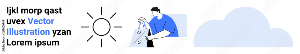 Person in blue shirt holding a scale with weights, sun icon, cloud, and Lorem ipsum text element. Ideal for balance, weather forecasting, climate change, decision making, weighing options business Person in blue shirt holding a scale with weights, sun icon, cloud, and Lorem ipsum text element. Ideal for balance, weather forecasting, climate change, decision making, weighing options business