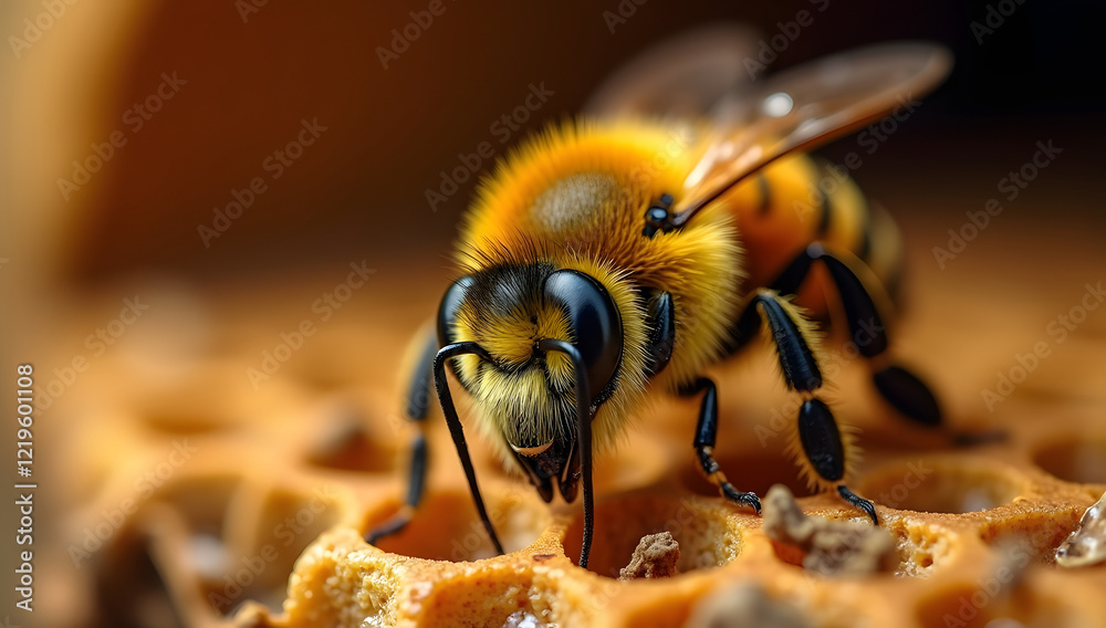 Closeup of honey bee detailed insect photography text Closeup of honey bee detailed insect photography text