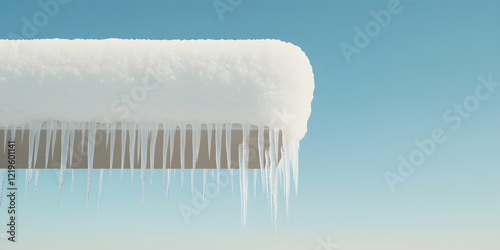 Icicles hang from a snow-covered surface against a clear blue sky. A winter scene of frozen beauty. photo