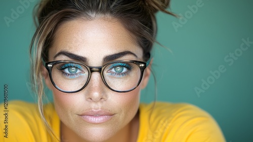  a woman wearing a yellow t-shirt and black glasses, with blue eyes, against a green background