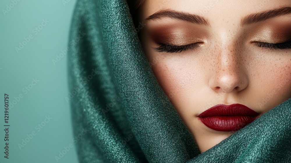 a woman with freckled hair wearing a green scarf, her eyes closed and her lips slightly parted The background is slightly blurred, giving the image a dreamy feel a woman with freckled hair wearing a green scarf, her eyes closed and her lips slightly parted The background is slightly blurred, giving the image a dreamy feel