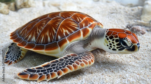 Sea turtle resting on sandy seabed, aquarium background, marine wildlife, nature conservation