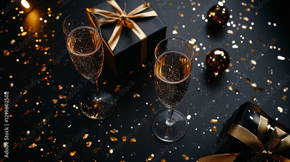 golden and black luxury birthday flat lay with champagne glasses, a gift box, and sparkling confetti on a dark background with text space