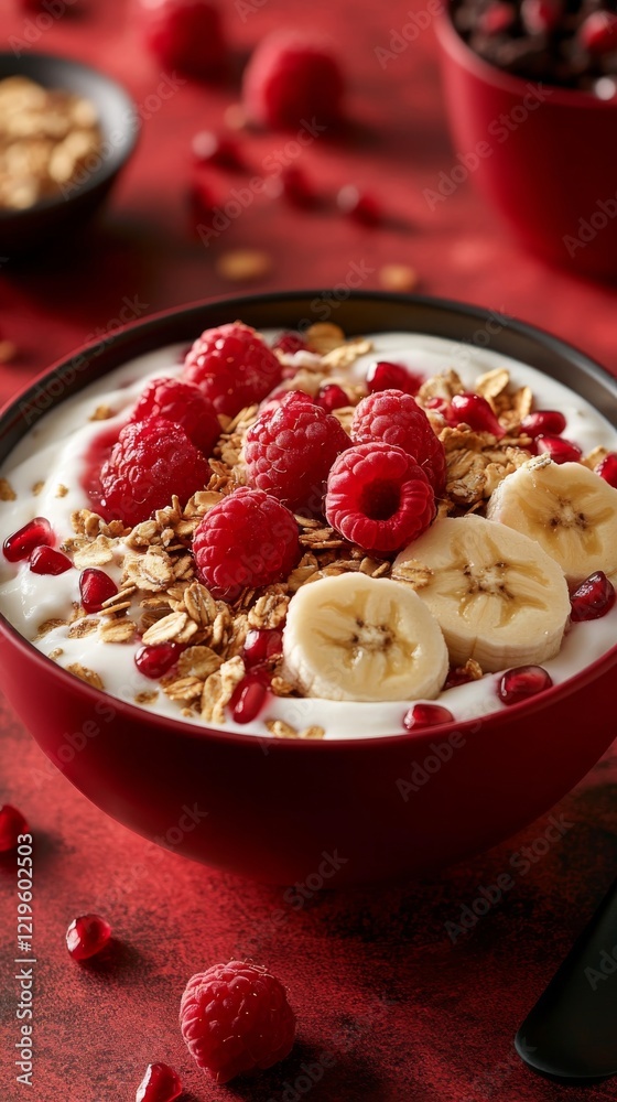 Healthy bowl with yogurt, bananas, raspberries, and granola on a vibrant red background Healthy bowl with yogurt, bananas, raspberries, and granola on a vibrant red background