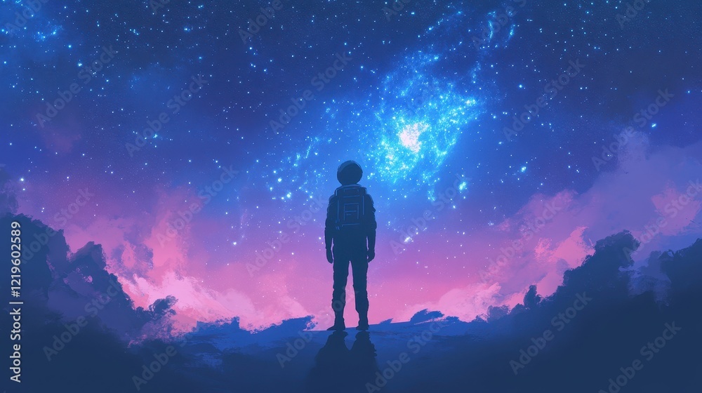 Astronaut Gazing at a Celestial Nebula in Night Sky Astronaut Gazing at a Celestial Nebula in Night Sky
