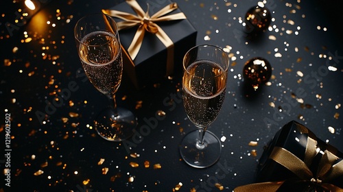 Obraz na płótnie golden and black luxury birthday flat lay with champagne glasses, a gift box, and sparkling confetti on a dark background with text space w salonie