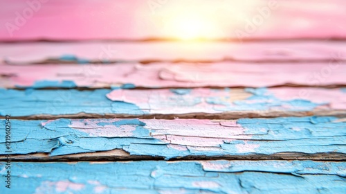  a wooden table with peeling paint in shades of blue and pink, illuminated by the warm light of the setting sun