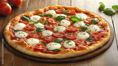 A photograph of an Italian pizza with mozzarella, tomatoes, and basil on top. The background is wooden photo