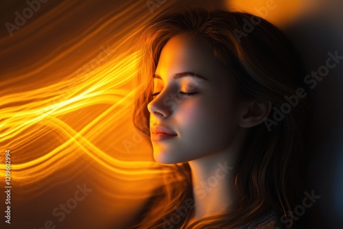 Woman with closed eyes illuminated by warm light in a tranquil setting